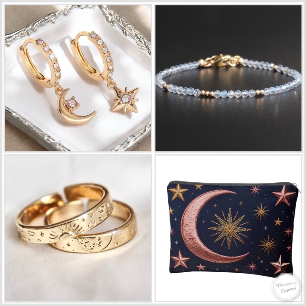 Celestial Mystery Jewelry Bag with 2 Gold Plated Rings, Earrings and Bracelet